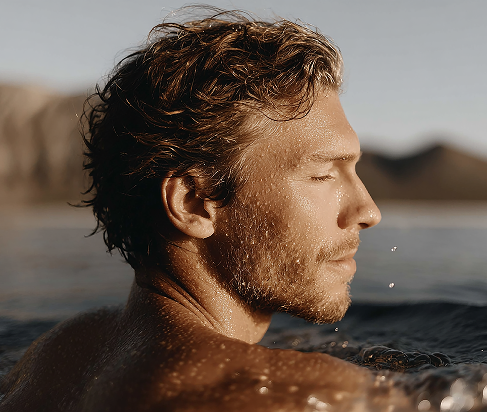 homme face à la mer et dans l'eau