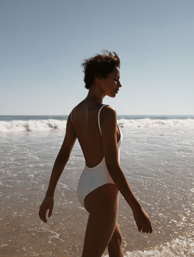 Femme en maillot blanc qui marche sur la plage