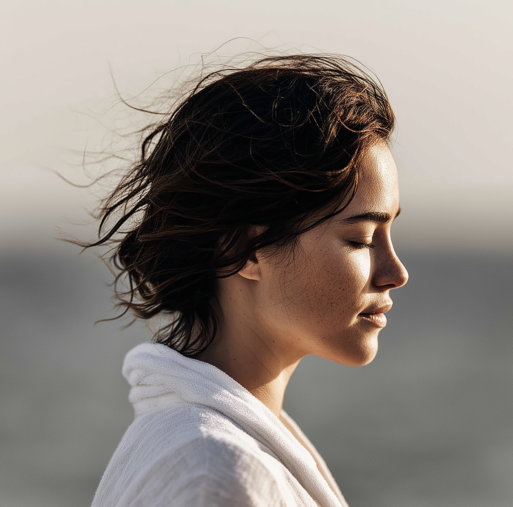 Femme en peignoir mer